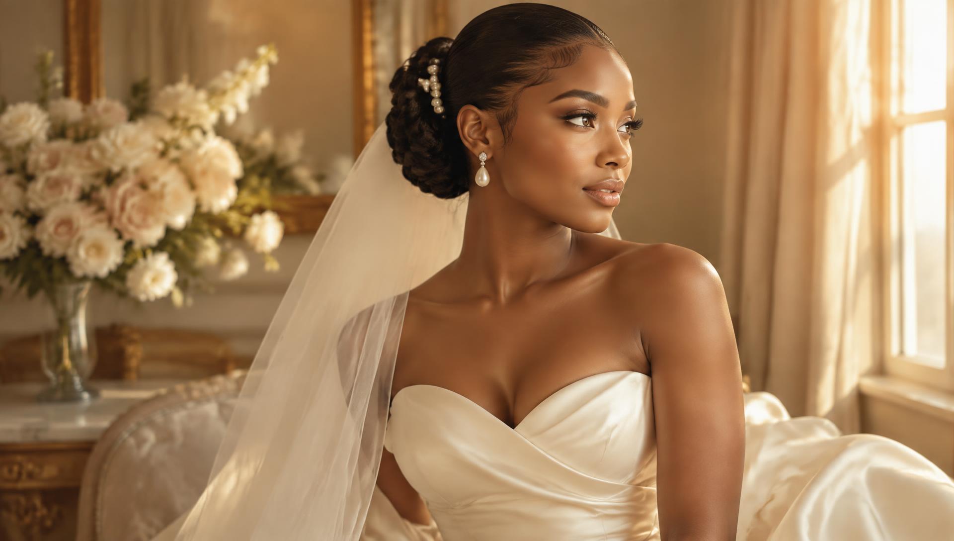 Bride with a sleek pearl-pinned updo in warm window light